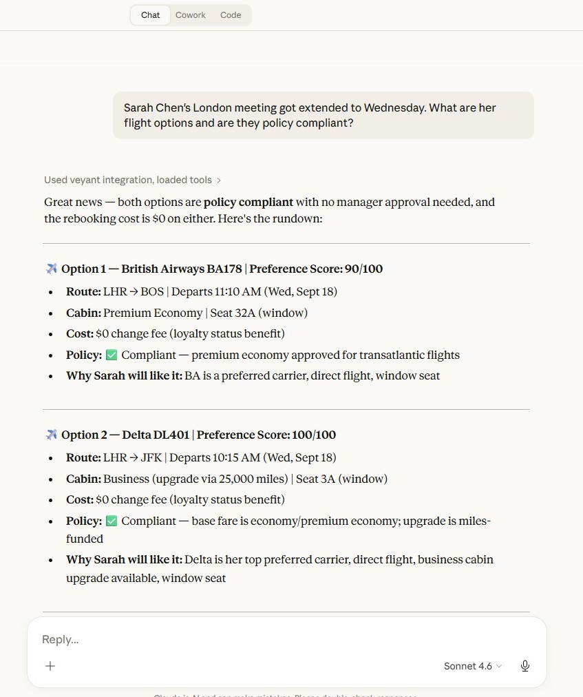 Veyant MCP server running in Claude — showing flight options with preference scores and policy compliance for Sarah Chen's London trip